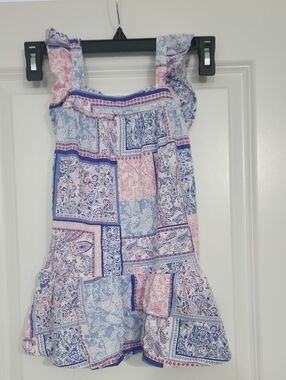 Ruffled Patchwork Sundress in Blue and Pink
